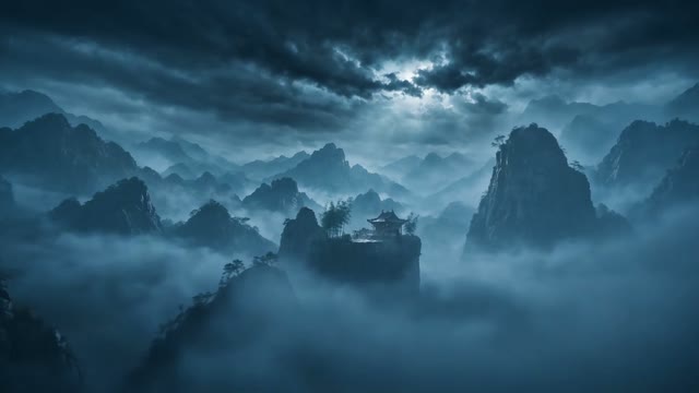 悬崖古寺航拍真实视频帧