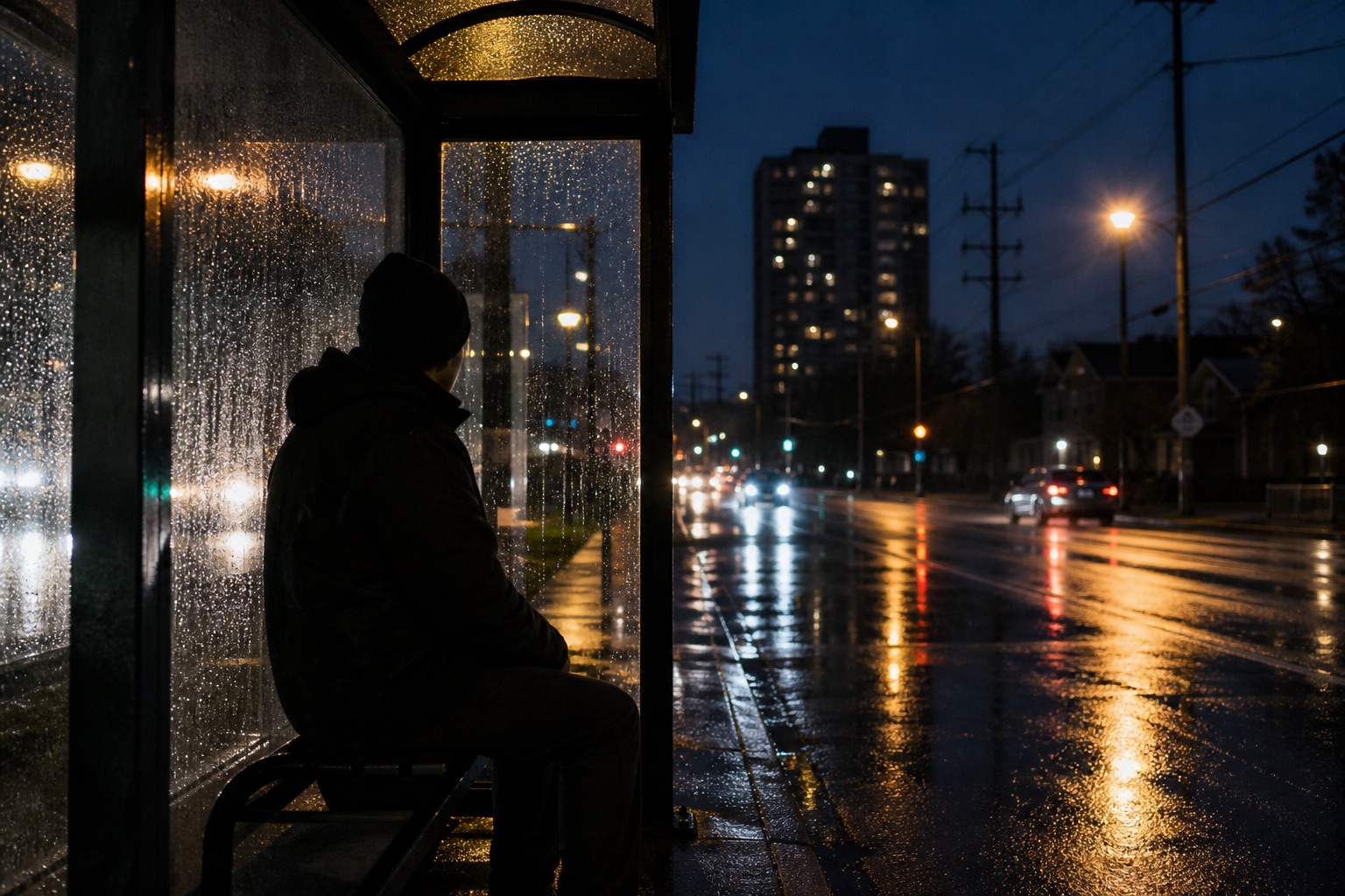 雨夜中一名乘客独自坐在公交站内