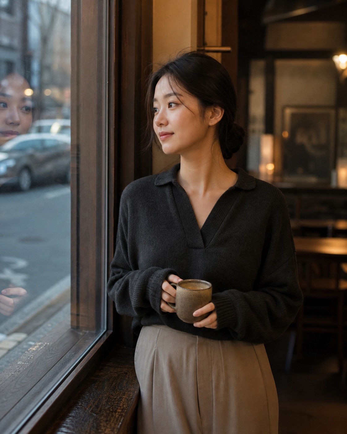 年轻女性手捧杯子站在咖啡馆窗边