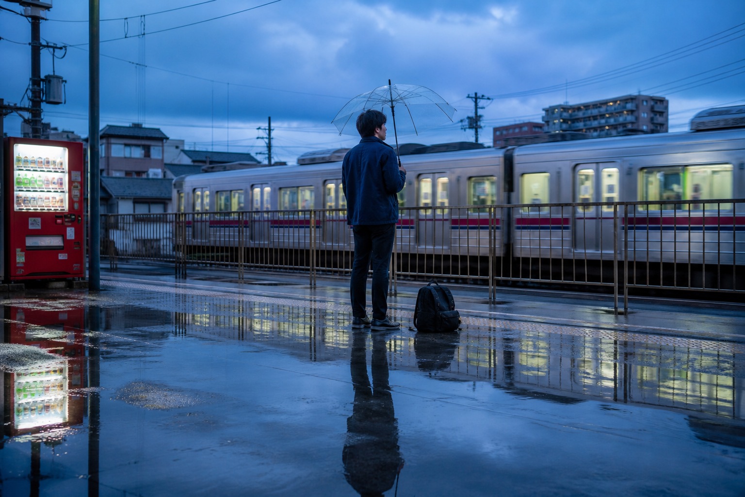 雨后车站:雨后的站台上,撑伞男子注视着从面前经过的银色列车。